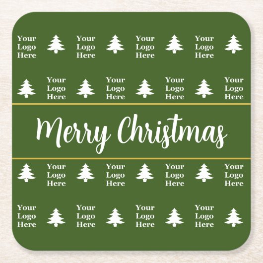 ビジネス緑の白いクリスマスツリーロゴ スクエアペーパーコースター (正面)