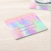 ビジネス美しいサロンピンクグリッター虹色の名前 スクエアペーパーコースター (アングル)