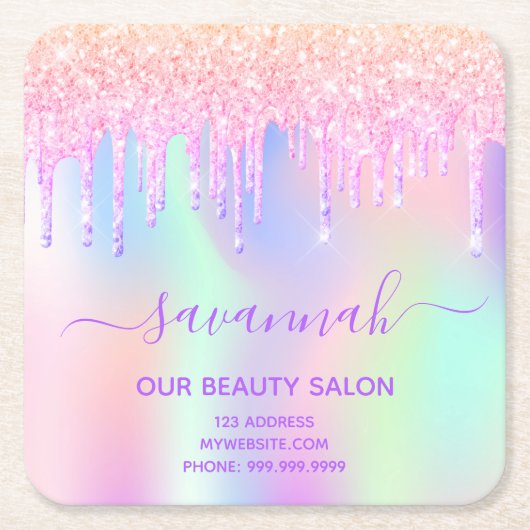 ビジネス美しいサロンピンクグリッター虹色の名前 スクエアペーパーコースター (正面)