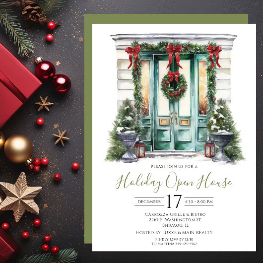 ビジネス ウォーターカラー フロント ドア ホリデー オープン ハウス 招待状