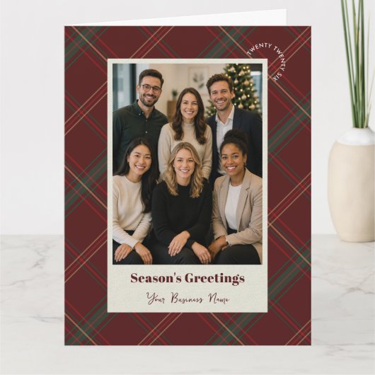 ビジネス ロゴ 赤格子柄 クリスマス 企業 写真 カード (正面)