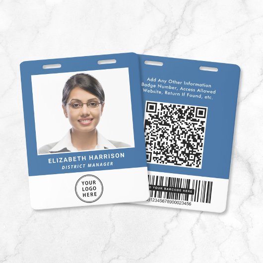 ビジネス ロゴ QR コード バーコード 青 写真付き ID バッジ