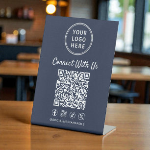 ビジネス ロゴ QR コード 青 テーブルトップ 台座サイン