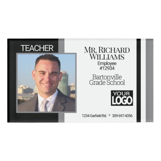 ビジネス/学校の写真ID – 黒、白、グレー 名札 (正面)