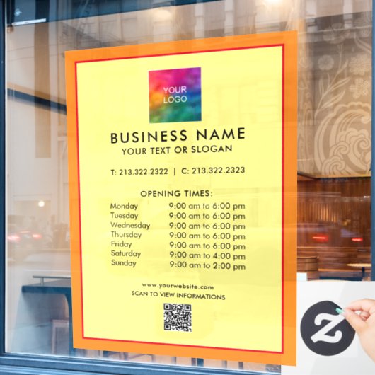 ビジネスQRコードロゴの営業時間シンプル ウィンドウサイン (カフェ窓)
