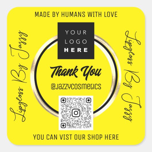 ビジ感謝していネスQRコードのロゴを黄色でスキャン スクエアシール (正面)
