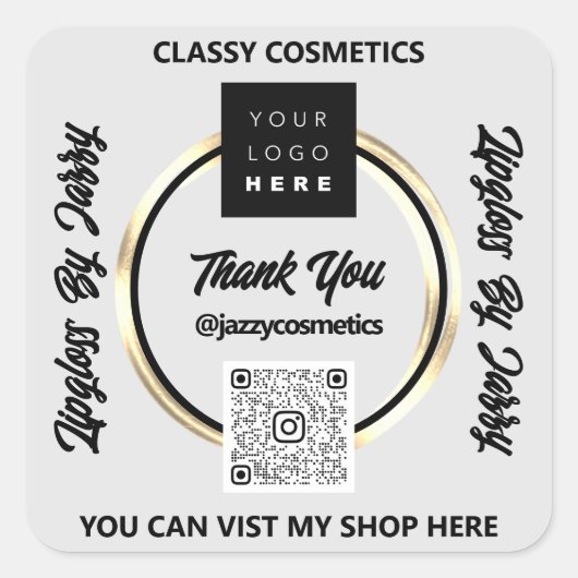 ビジ感謝していネスQRコードロゴゴールデンサークルグレー スクエアシール (正面)