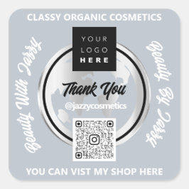 ビジ感謝していネスQRコードロゴシルバーマップGLOBEグレー スクエアシール