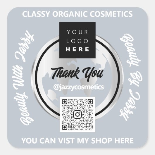 ビジ感謝していネスQRコードロゴシルバーマップGLOBEグレー スクエアシール (正面)