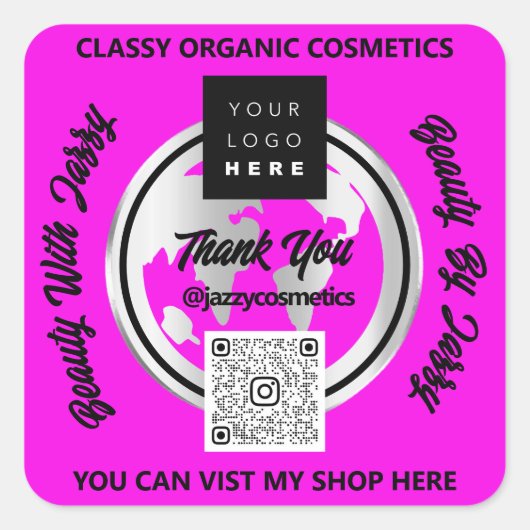 ビジ感謝していネスQRコードロゴシルバーマップGlobeTravel スクエアシール (正面)