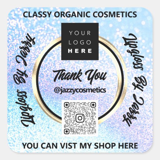 ビジ感謝していネスQRコードロゴブルーグリッター スクエアシール (正面)