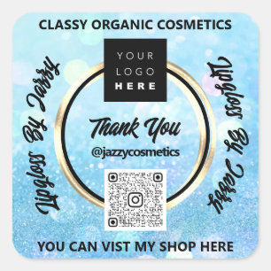 ビジ感謝していネスQRコードロゴブルーSparkグリッター スクエアシール