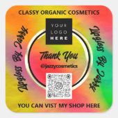 ビジ感謝していネスQRコードロゴホログラフィック金ゴールドフレーム スクエアシール (正面)