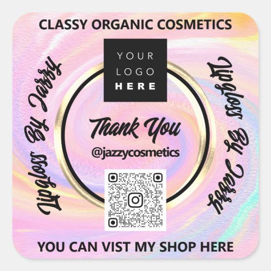 ビジ感謝していネスQRコードロゴホログラフィー金ゴールド スクエアシール (正面)