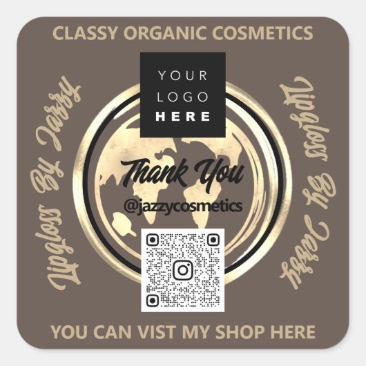 ビジ感謝していネスQRコードロゴ世界地図アースアイボリー スクエアシール (正面)