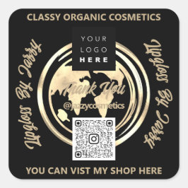 ビジ感謝していネスQRコードロゴ世界地図アース金ゴールド スクエアシール