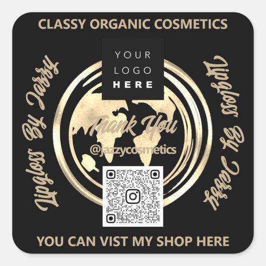 ビジ感謝していネスQRコードロゴ世界地図アース金ゴールド スクエアシール (正面)