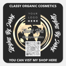 ビジ感謝していネスQRコードロゴ世界地図アース金ゴールド スクエアシール