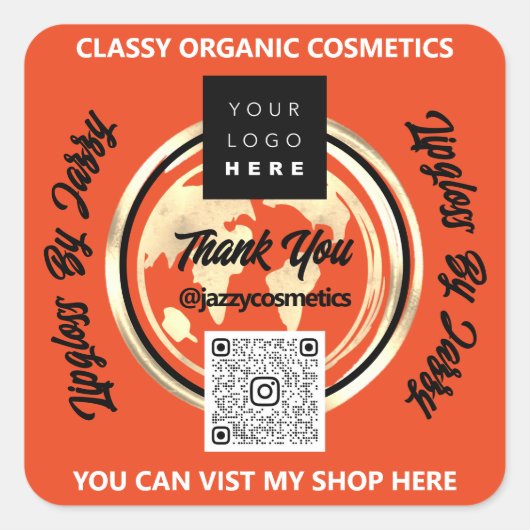 ビジ感謝していネスQRコードロゴ世界地図アース・オレンジ スクエアシール (正面)