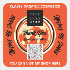 ビジ感謝していネスQRコードロゴ世界地図アース・オレンジ スクエアシール