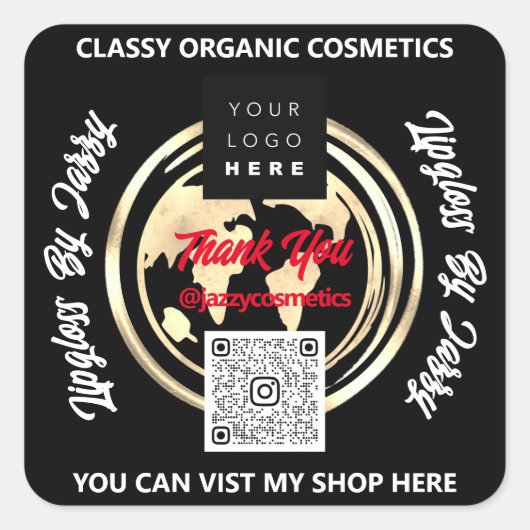 ビジ感謝していネスQRコードロゴ世界地図アース スクエアシール (正面)