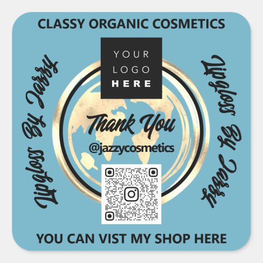 ビジ感謝していネスQRコードロゴ世界地図Earth Blue スクエアシール (正面)