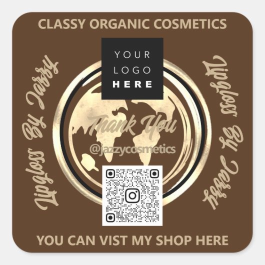 ビジ感謝していネスQRコードロゴ世界地図Earth Brown スクエアシール (正面)
