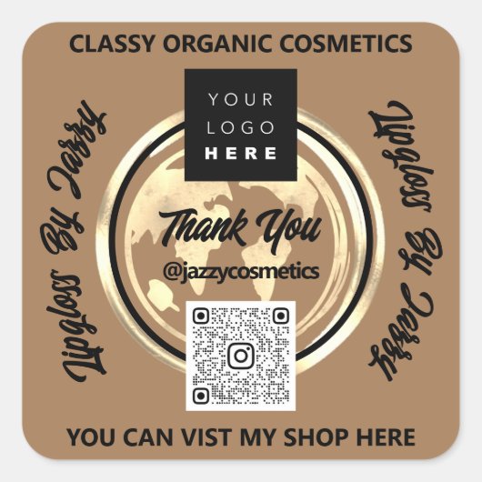 ビジ感謝していネスQRコードロゴ世界地図Earth Brown スクエアシール (正面)