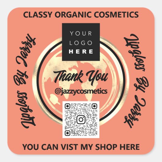 ビジ感謝していネスQRコードロゴ世界地図Earth Coral スクエアシール (正面)