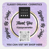 ビジ感謝していネスQRコードロゴ紫グリッター スクエアシール (正面)