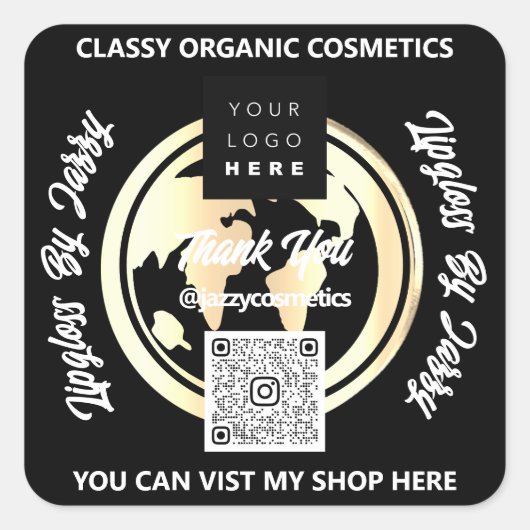 ビジ感謝していネスQRコードロゴ金ゴールドブラック スクエアシール (正面)