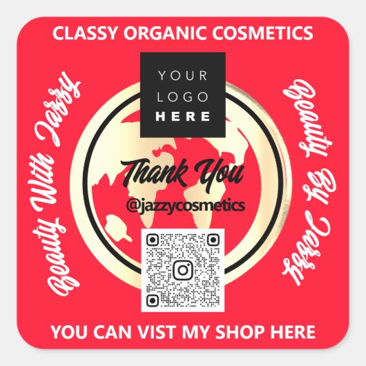 ビジ感謝していネスQRコードロゴ金ゴールドマップ赤 スクエアシール (正面)