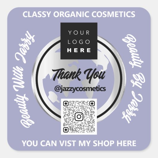 ビジ感謝していネスQRコードロゴ金ゴールドMAPグローブブルー スクエアシール (正面)