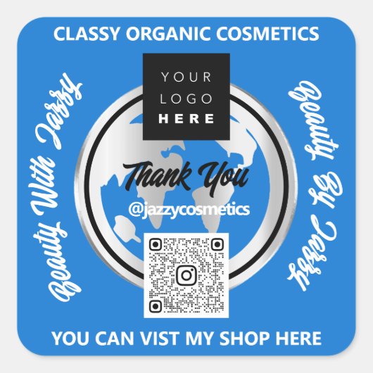 ビジ感謝していネスQRコードロゴ金ゴールドMAPグローブブルー スクエアシール (正面)