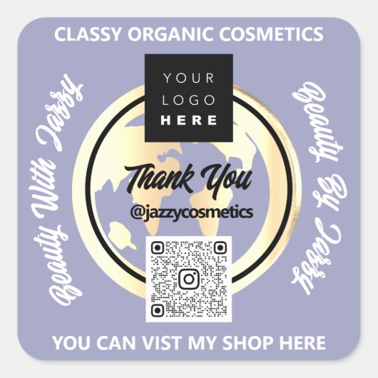 ビジ感謝していネスQRコードロゴ金ゴールドMAPグローブブルー スクエアシール (正面)