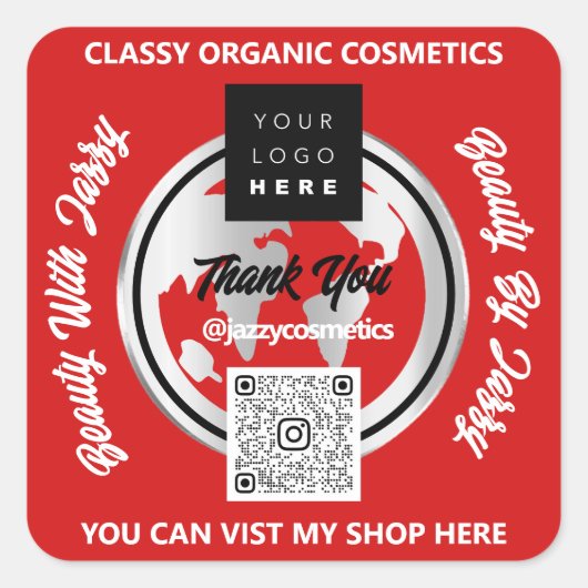 ビジ感謝していネスQRコードロゴ金ゴールドMAPグローブレッド スクエアシール (正面)