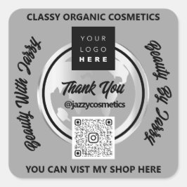 ビジ感謝していネスQRCodeロゴシルバーマップグローブグレー スクエアシール