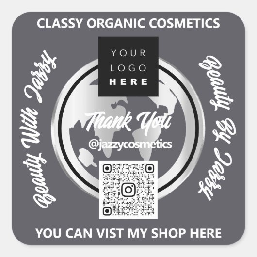 ビジ感謝していネスQRCodeロゴシルバーマップグローブスモーキー スクエアシール (正面)