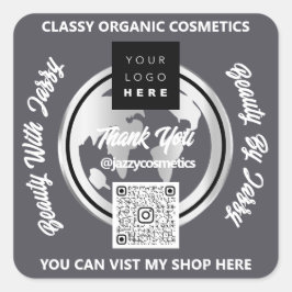 ビジ感謝していネスQRCodeロゴシルバーマップグローブスモーキー スクエアシール