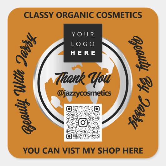 ビジ感謝していネスQRCodeロゴシルバーマップグローブハニー スクエアシール (正面)