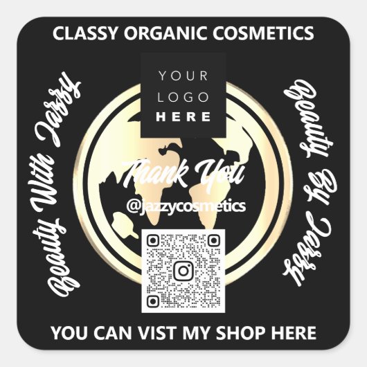 ビジ感謝していネスQRCodeロゴシルバーマップグローブブラック スクエアシール (正面)