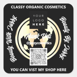 ビジ感謝していネスQRCodeロゴシルバーマップグローブブラック スクエアシール