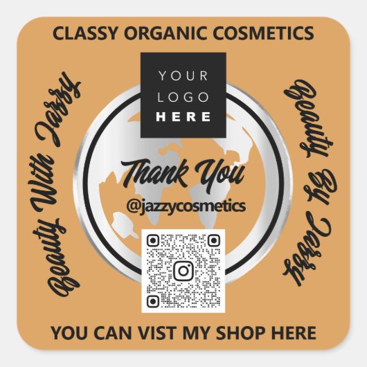 ビジ感謝していネスQRCodeロゴシルバーマップグローブブログ スクエアシール (正面)