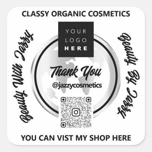 ビジ感謝していネスQRCodeロゴシルバーマップグローブホワイト スクエアシール (正面)