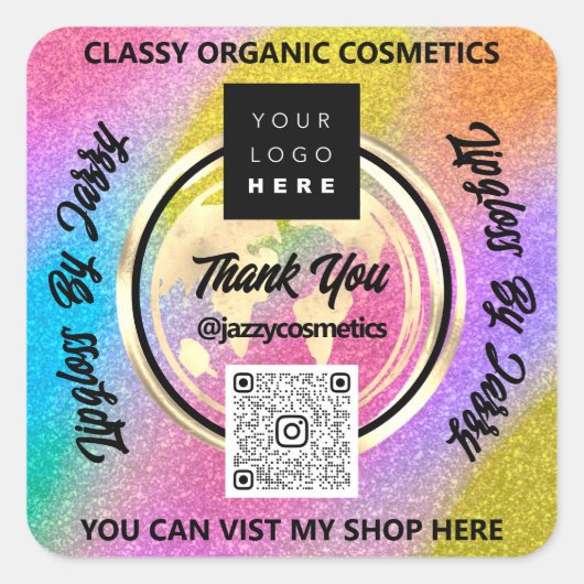 ビジ感謝していネスQRCodeロゴWorld Earthグリッター スクエアシール (正面)