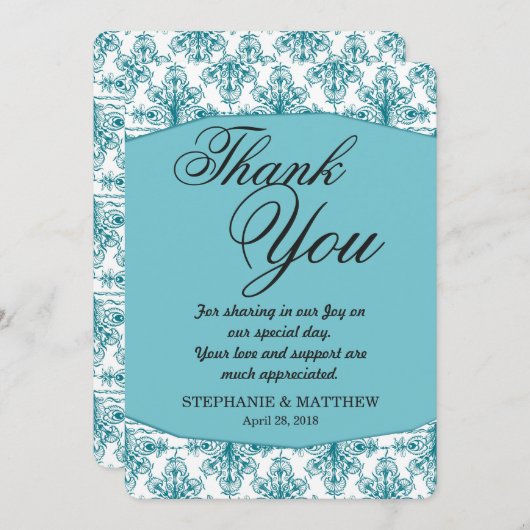 ビスケーエレガントベイブルー&ホワイトダマスクパターン サンキューカード (正面/裏面)