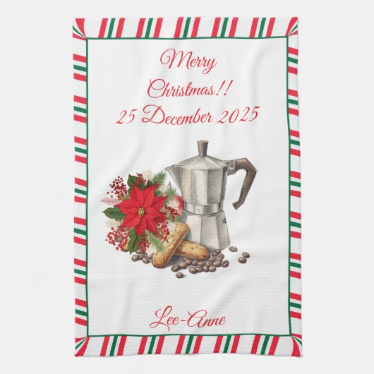 ビスコッティ付きクリスマスコーヒー愛好家アート キッチンタオル (縦)