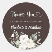 ビストル茶色の白い花模様感謝していハートユー結婚ズ ラウンドシール (正面)