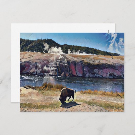 ビソンワイオミングイエローストーンワイルドライフアートポストカード ポストカード (正面/裏面)