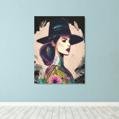 ビッカラフルグハット付き抽象芸術アートフローラガール キャンバスプリント (インサイチュ (ウッドフロア))